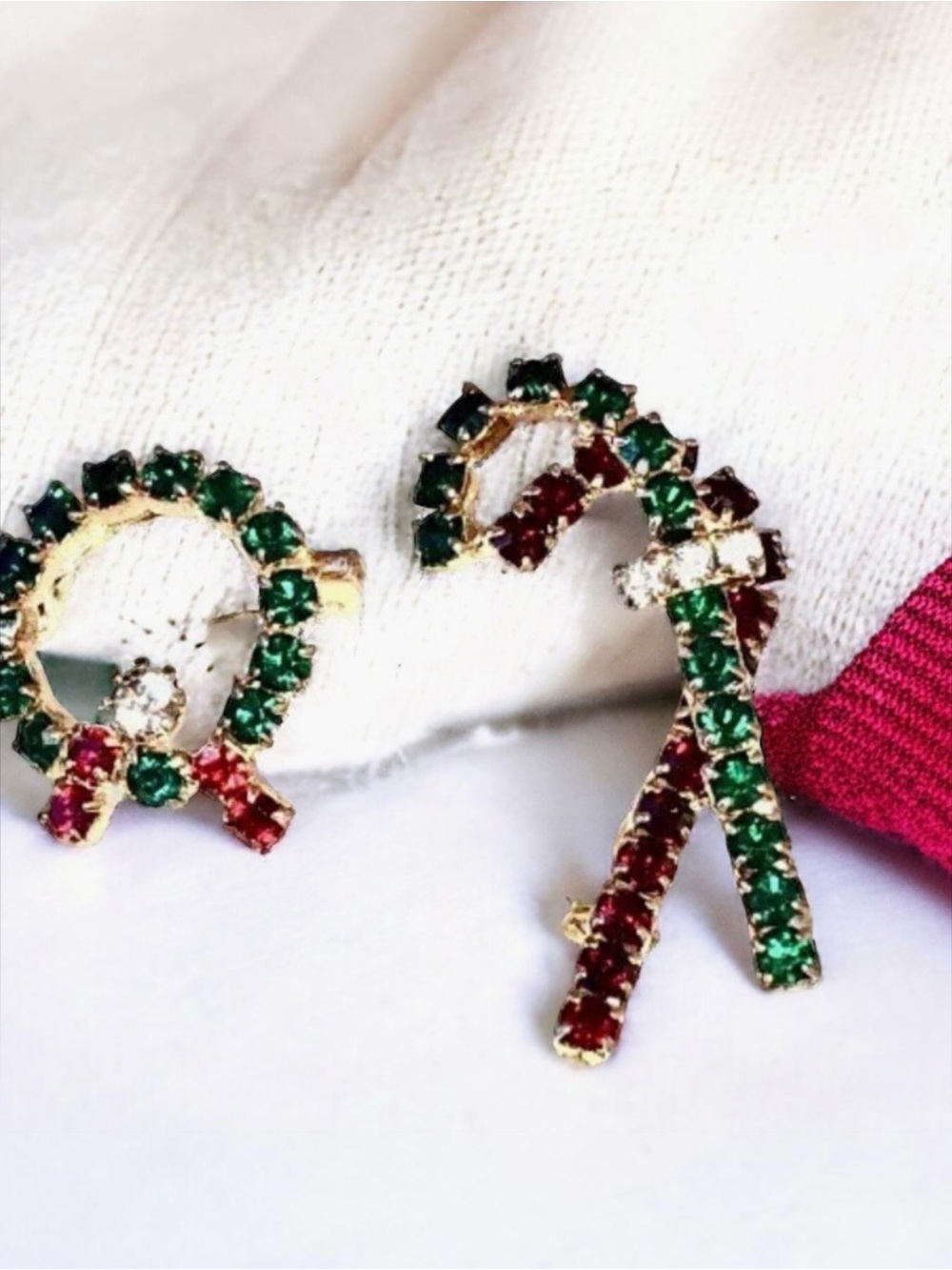 Vintage Christmas Brooch CANDY CANE + WREATH Rhinestones 2 Pins